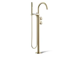 Floor-mount bath filler trim with industrial handles and handshower