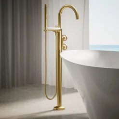 Floor-mount bath filler trim with industrial handles and handshower