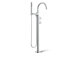 Floor-mount bath filler trim with lever handles and handshower