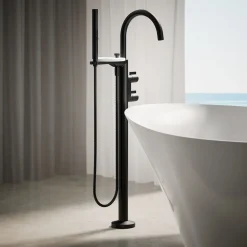 Floor-mount bath filler trim with lever handles and handshower