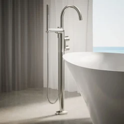 Floor-mount bath filler trim with lever handles and handshower