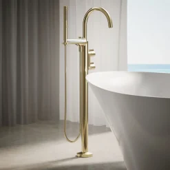Floor-mount bath filler trim with lever handles and handshower