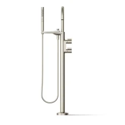 Floor-mount bath filler trim with lever handles and handshower