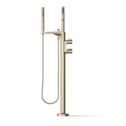 Floor-mount bath filler trim with lever handles and handshower