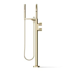 Floor-mount bath filler trim with lever handles and handshower
