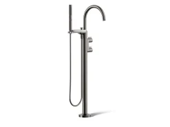 Floor-mount bath filler trim with lever handles and handshower