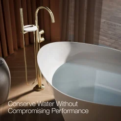 Floor-mount bath filler trim with lever handles and handshower