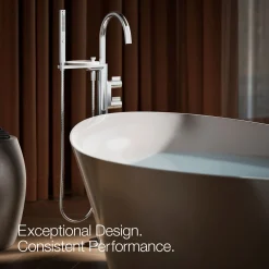 Floor-mount bath filler trim with lever handles and handshower