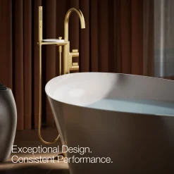 Floor-mount bath filler trim with lever handles and handshower