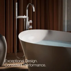Floor-mount bath filler trim with lever handles and handshower