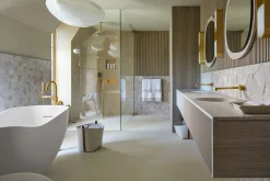 Floor-mount bath filler trim with lever handles and handshower