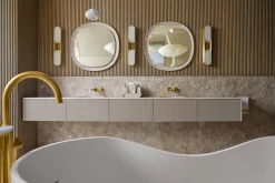 Floor-mount bath filler trim with lever handles and handshower