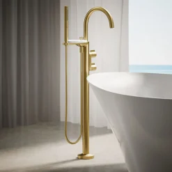 Floor-mount bath filler trim with lever handles and handshower