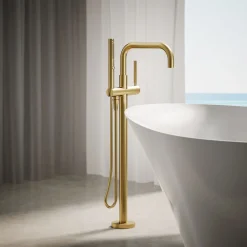 Floor-mount bath filler trim with handshower