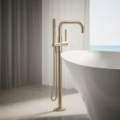 Floor-mount bath filler trim with handshower