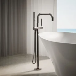Floor-mount bath filler trim with handshower