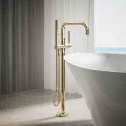 Floor-mount bath filler trim with handshower