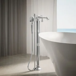Floor-mount bath filler trim with handshower