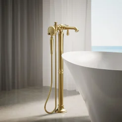 Floor-mount bath filler trim with handshower
