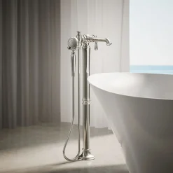 Floor-mount bath filler trim with handshower