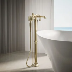 Floor-mount bath filler trim with handshower