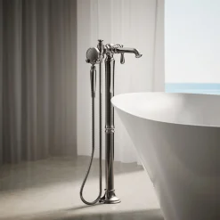 Floor-mount bath filler trim with handshower