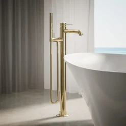 Floor-mount bath filler trim with handshower