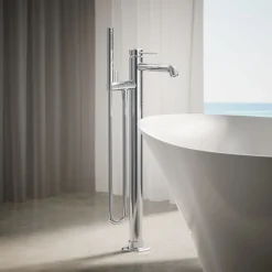 Floor-mount bath filler trim with handshower