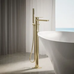 Floor-mount bath filler trim with handshower
