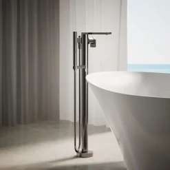 Floor-mount bath filler trim with handshower