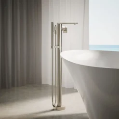 Floor-mount bath filler trim with handshower
