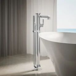 Floor-mount bath filler trim with handshower