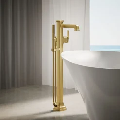 Floor-mount bath filler trim with handshower