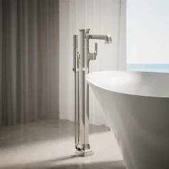 Floor-mount bath filler trim with handshower