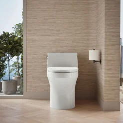 Hidden cord one-piece compact elongated toilet with concealed trapway, 1.28 gpf toilet