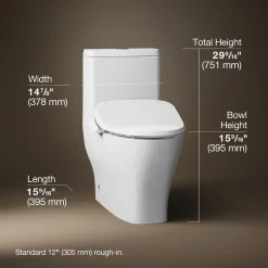 Hidden cord one-piece compact elongated toilet with skirted trapway, dual-flush
