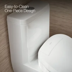 Hidden cord one-piece compact elongated toilet with skirted trapway, dual-flush
