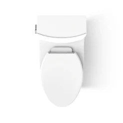 Hidden cord one-piece elongated toilet with skirted trapway, dual-flush
