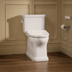 Hidden cord two-piece elongated toilet with skirted trapway, 1.28 gpf