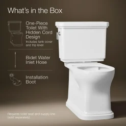 Hidden cord two-piece elongated toilet with skirted trapway, 1.28 gpf