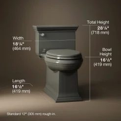 One-piece compact elongated toilet with skirted trapway, 1.28 gpf