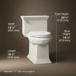 One-piece compact elongated toilet with skirted trapway, 1.28 gpf