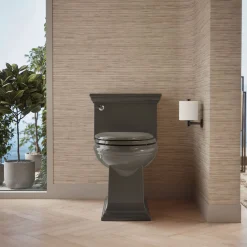 One-piece compact elongated toilet with skirted trapway, 1.28 gpf
