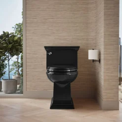 One-piece compact elongated toilet with skirted trapway, 1.28 gpf