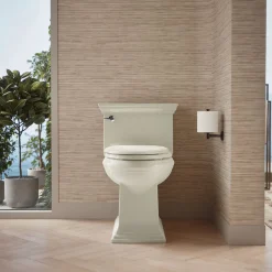 One-piece compact elongated toilet with skirted trapway, 1.28 gpf