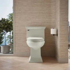 One-piece compact elongated toilet with skirted trapway, 1.28 gpf