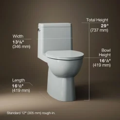 One-piece compact elongated toilet with skirted trapway, 1.28 gpf