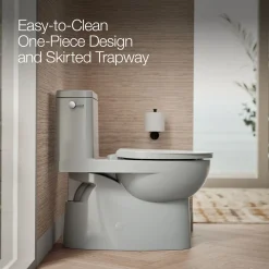 One-piece compact elongated toilet with skirted trapway, 1.28 gpf