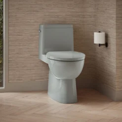 One-piece compact elongated toilet with skirted trapway, 1.28 gpf