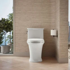 One-piece compact elongated toilet with skirted trapway, 1.28 gpf